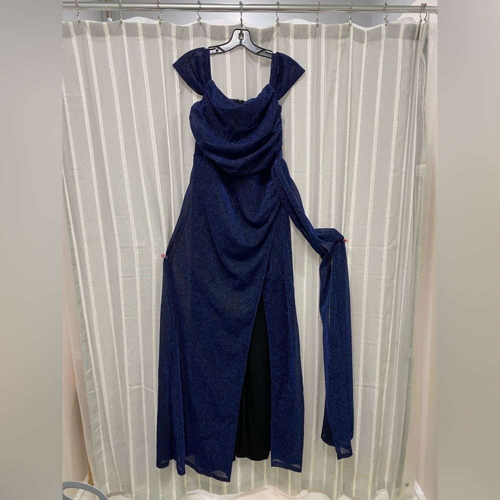 Midnight Blue Black Cocktail Gown Dress Off Shoulder Ruched High Slit Size XL